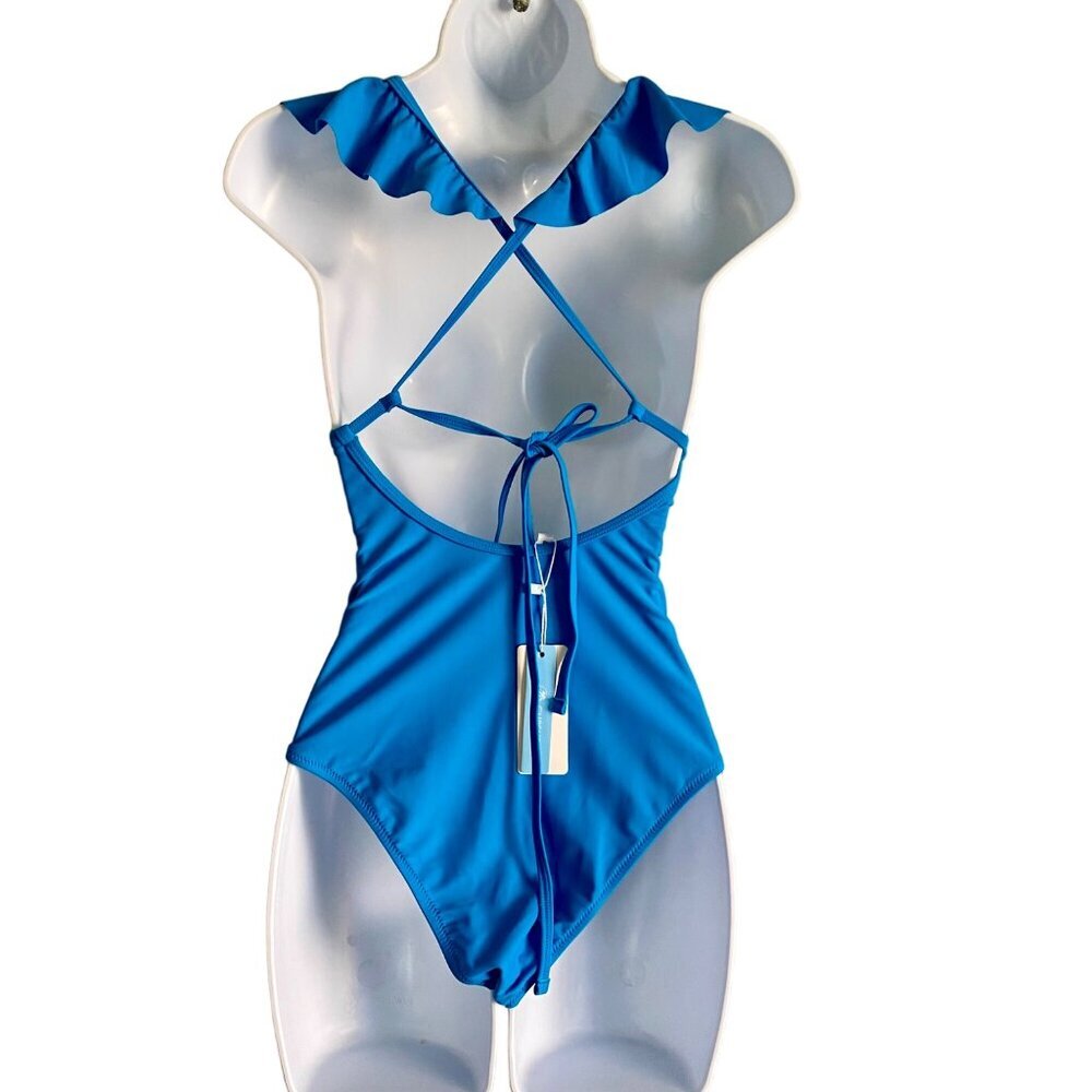Cupshe Blue Ruffle Tie Back Plunging Neck Strappy One Piece Swimsuit XS NEW NWT - Picture 4 of 10